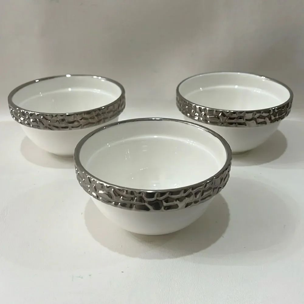 Royal Ridge PRC Set 3 Rice Cereal Bowls 3 1/2 Round 2 1/2 In Tall Silver White